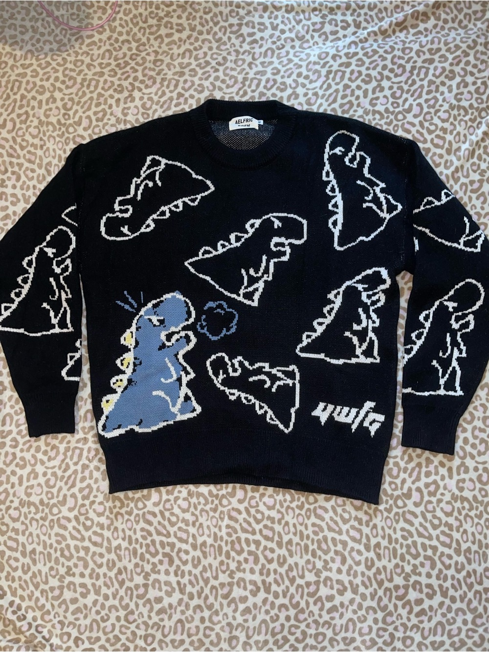 Y2K Aelfric Eden Dinosaur Knit Sweater Black Graphic Crewneck